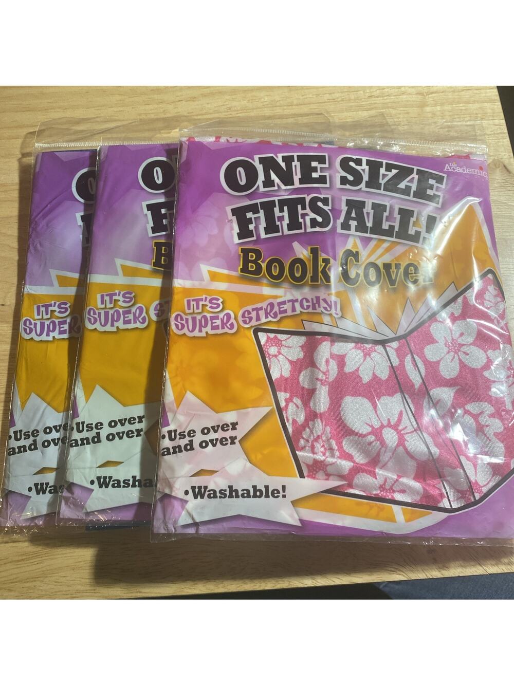 Book Cover One Size Fits All Stretchable Set Of 3 Pink Flower Solid Blue, Green